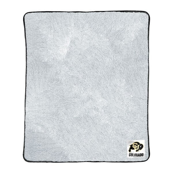 This is a greyish white sherpa blanket with a black border. In the corner there is a white patch with a black and gold CU Buffalo logo and "Colorado" underneath in black.